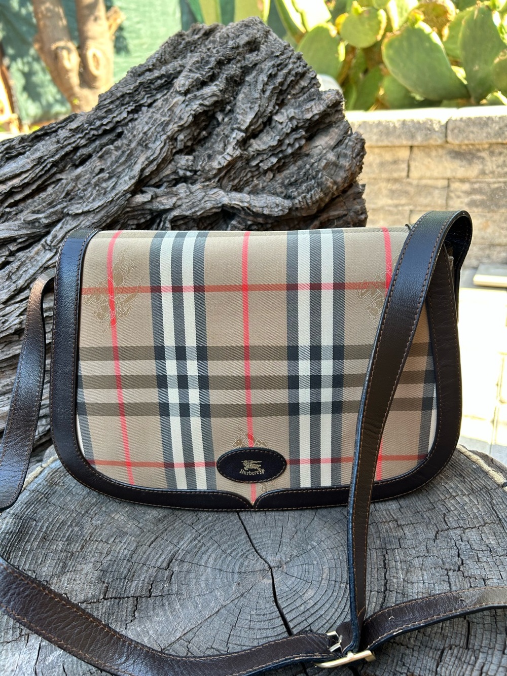 Burberry Tan Nova Check Crossbody with Brown Leather Trim